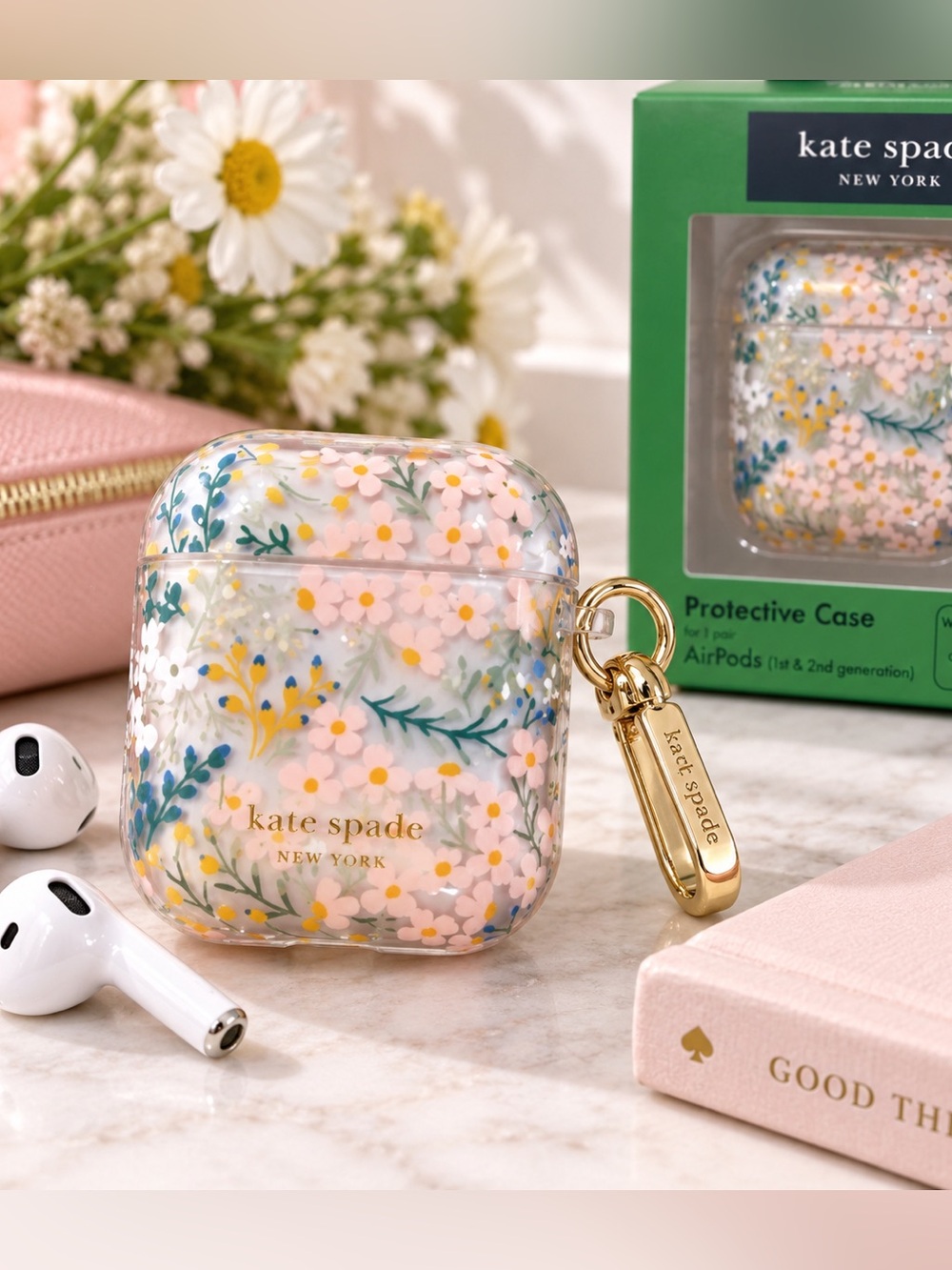 Kate Spade Hollyhock Floral AirPods 1st 2nd Gen Case NIB Gold Clip